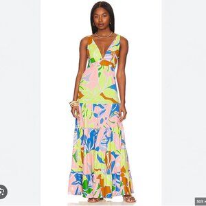 Maaji Marea Pink, Yellow, Blue Neon Deep Plunge Tiered Maxi Dress